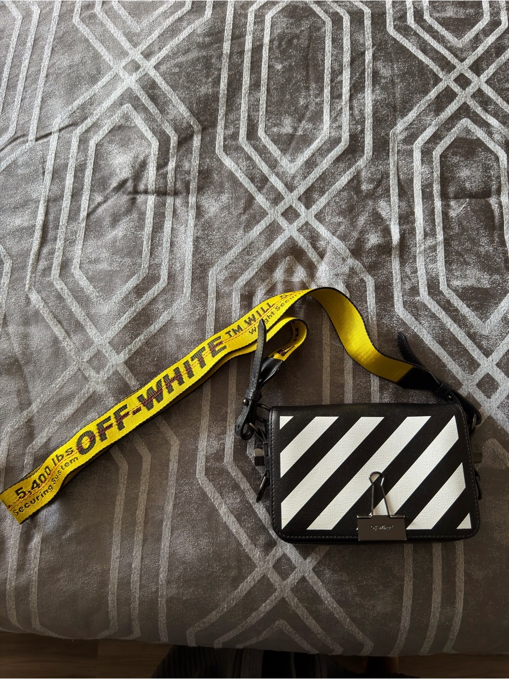 100% Authentic Off-White Diagonal Stripe Crossbody with Yellow Industrial Strap